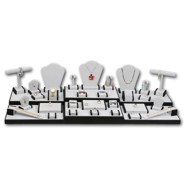 35 Piece Grey Suede and Black Wood Trim Jewelry Display Set