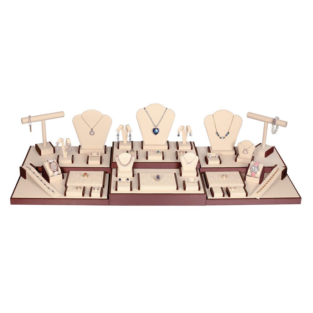 35-Piece Beige W/ Steel Brown Leatherette Jewelry Showcase Display Set