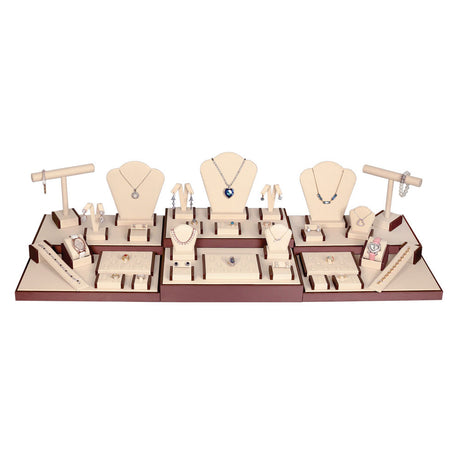 35-Piece Beige W/ Steel Brown Leatherette Jewelry Showcase Display Set