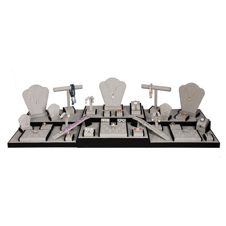 35-Piece Grey Linen W/ Black Trim Jewelry Showcase Display Set