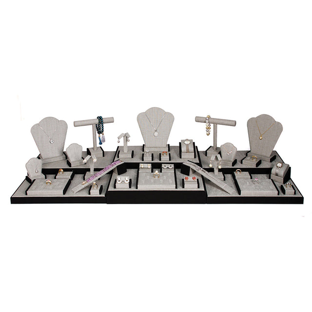 35-Piece Grey Linen W/ Black Trim Jewelry Showcase Display Set
