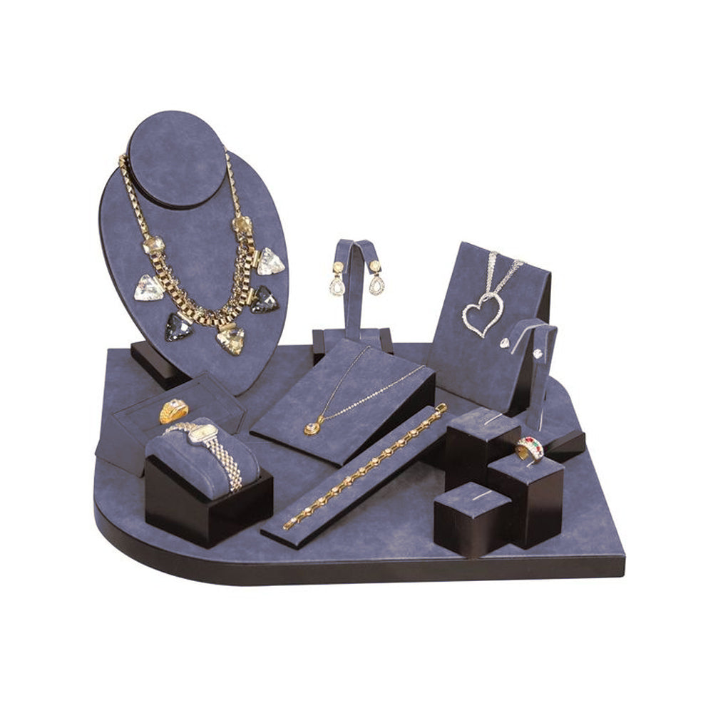 13-Piece Dark Blue Suede W/ Black Trim Jewelry Display Set