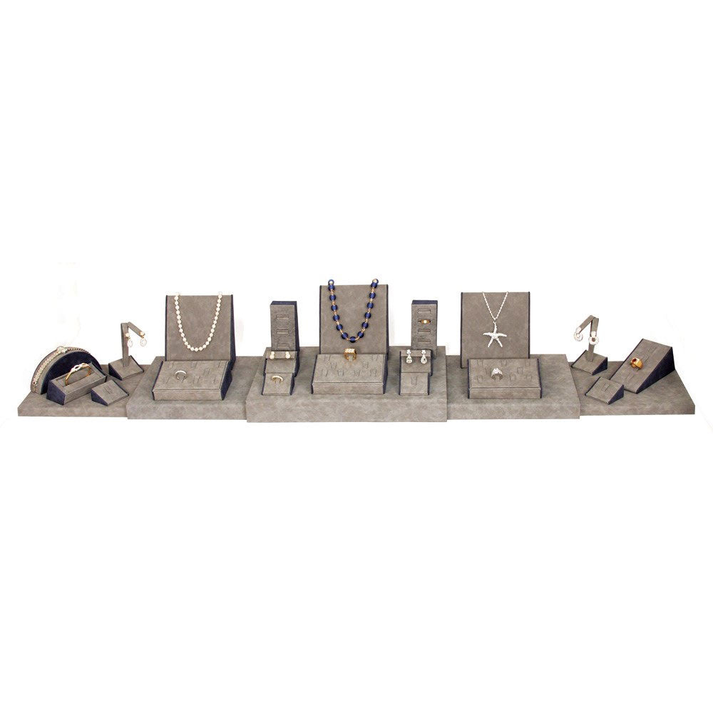 24-Piece Dark Grey W/ Blue Leatherette Trim Showcase Jewelry Display Set