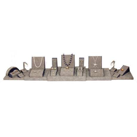 24-Piece Dark Grey W/ Blue Leatherette Trim Showcase Jewelry Display Set