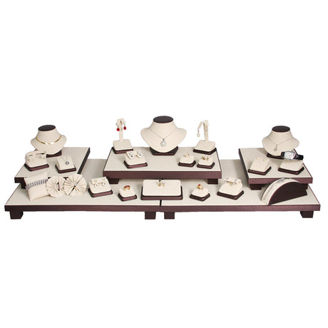 26-Piece Premium Beige with Steel Brown Faux Leatherette Trim Showcase Set 35