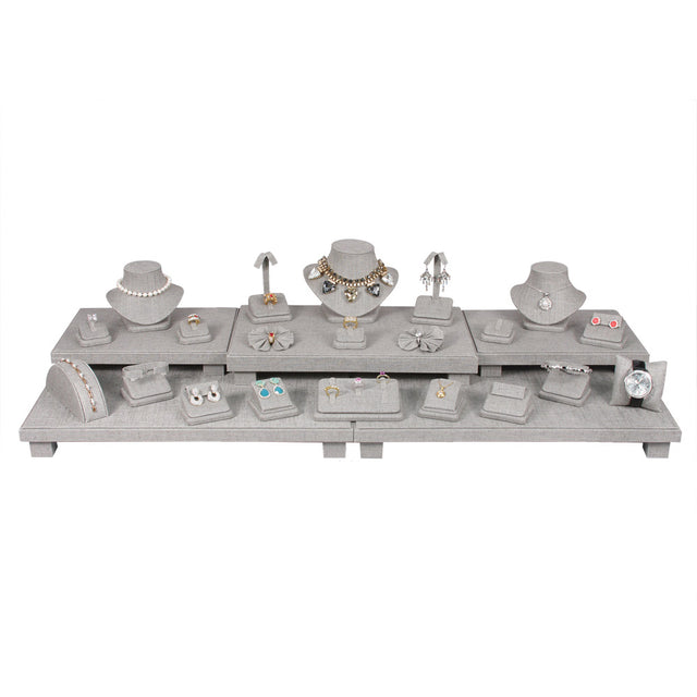 26-Piece Grey Linen Jewelry Showcase Display Stand Set