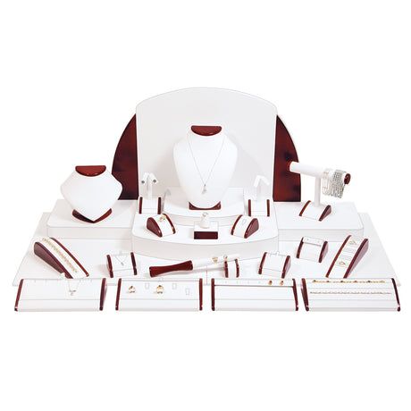 23 Piece White Leatherette with Rosewood Trim Jewelry Display Set