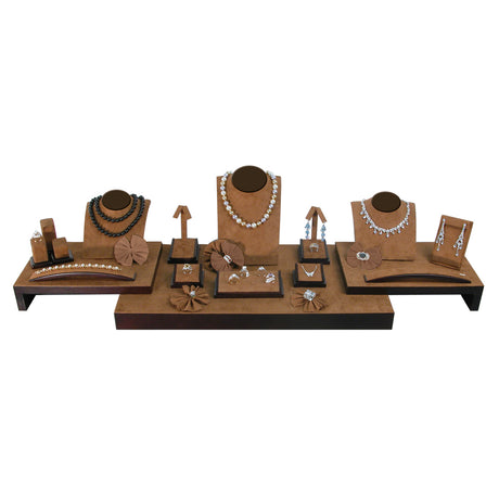 19-Piece Chestnut Suede & Dark Brown Trim Jewelry Showcase Display Set 