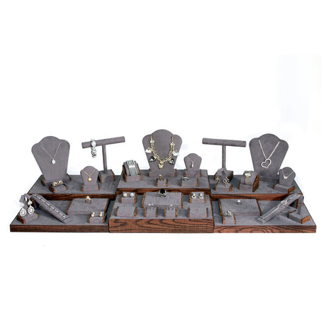 35-Piece Grey Suede & Brown Wood Jewelry Showcase Display Set