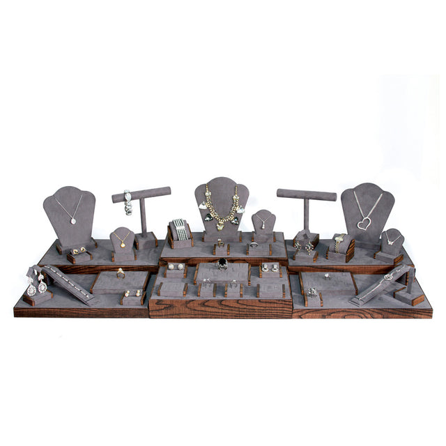 35-Piece Grey Suede & Brown Wood Jewelry Showcase Display Set