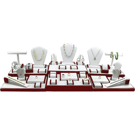 35-Piece White Leatherette & Red Rosewood Jewelry Showcase Display Set