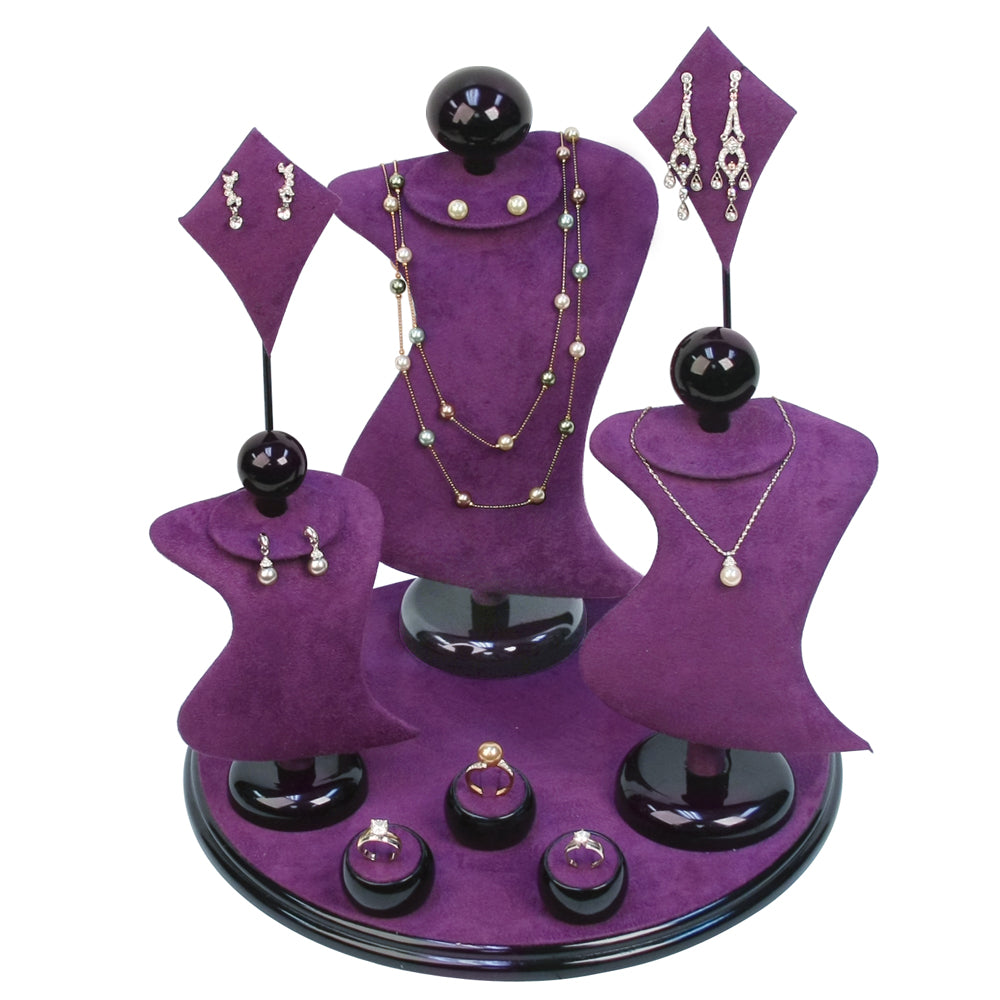 9-Piece Purple Suede & Black Wood Trim Jewelry Display Set 