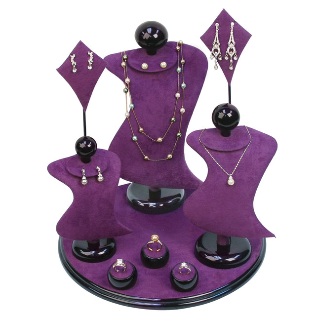 9-Piece Purple Suede & Black Wood Trim Jewelry Display Set 