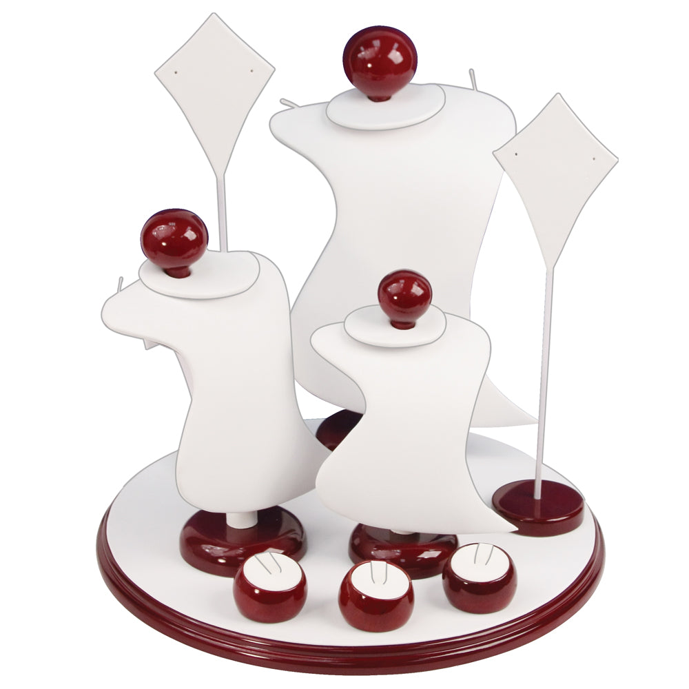 9-Piece White Leatherette & Red Rosewood Jewelry Display Set 