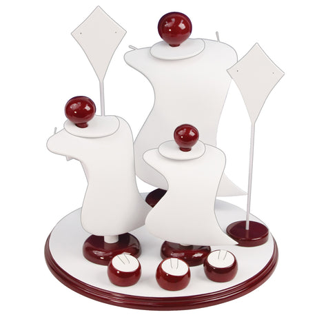9-Piece White Leatherette & Red Rosewood Jewelry Display Set 