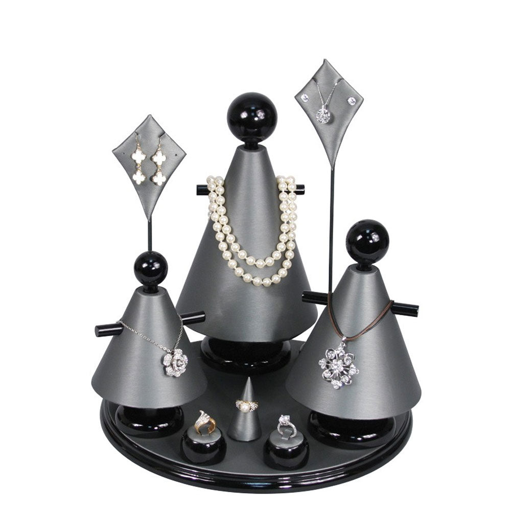 9-Piece Grey Leatherette & Black Wood Jewelry Display Set 