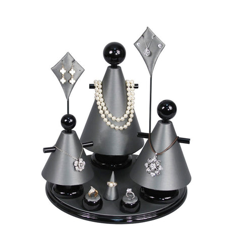 9-Piece Grey Leatherette & Black Wood Jewelry Display Set 