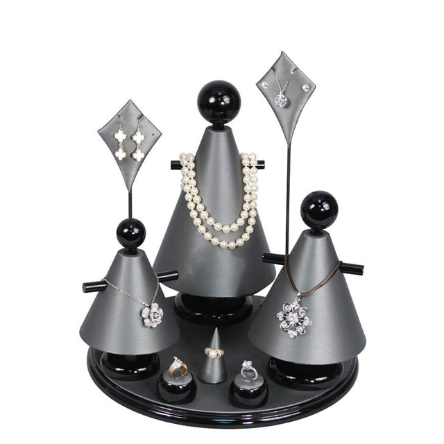 9-Piece Grey Leatherette & Black Wood Jewelry Display Set 