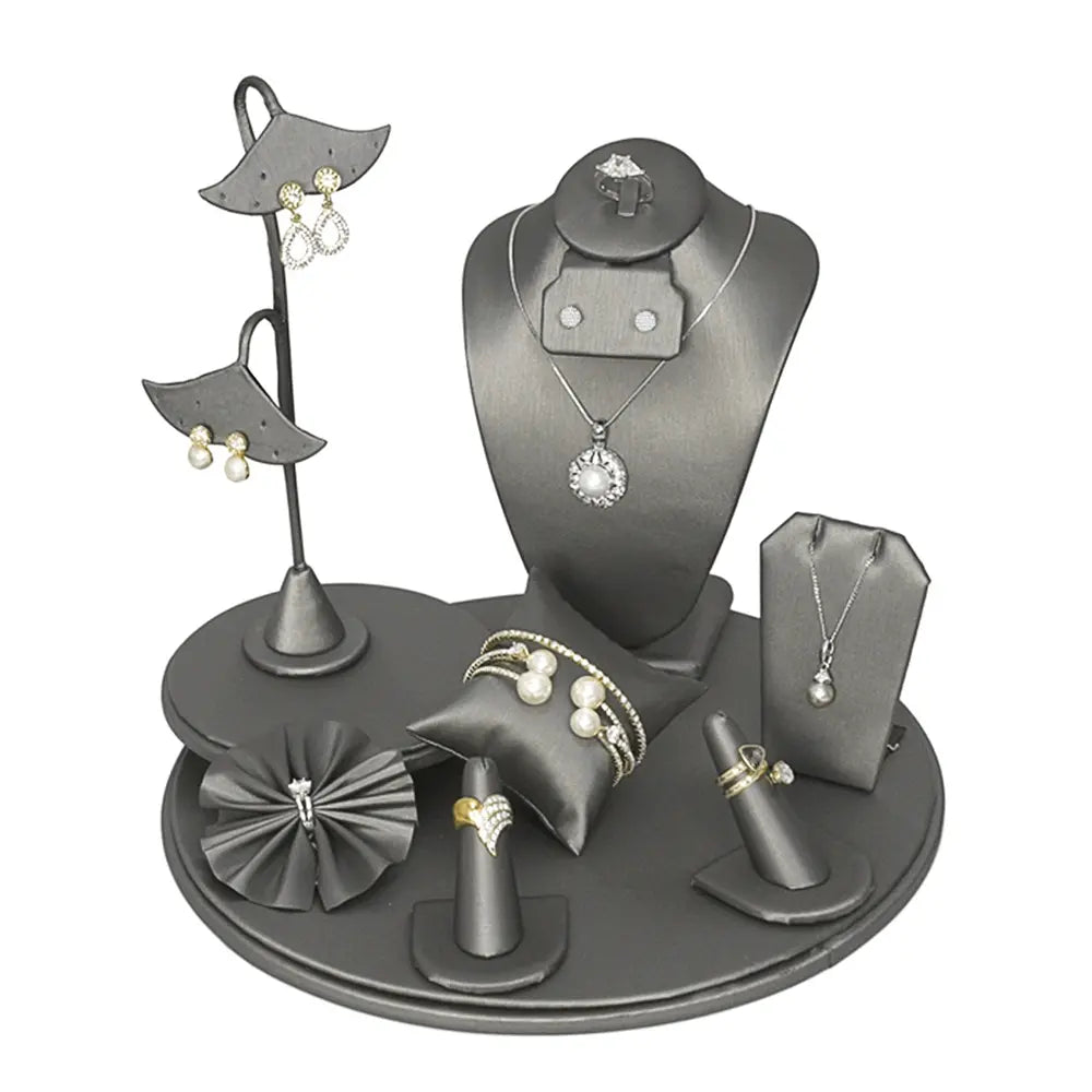 9 Piece Steel Grey Leatherette Jewelry Display Set