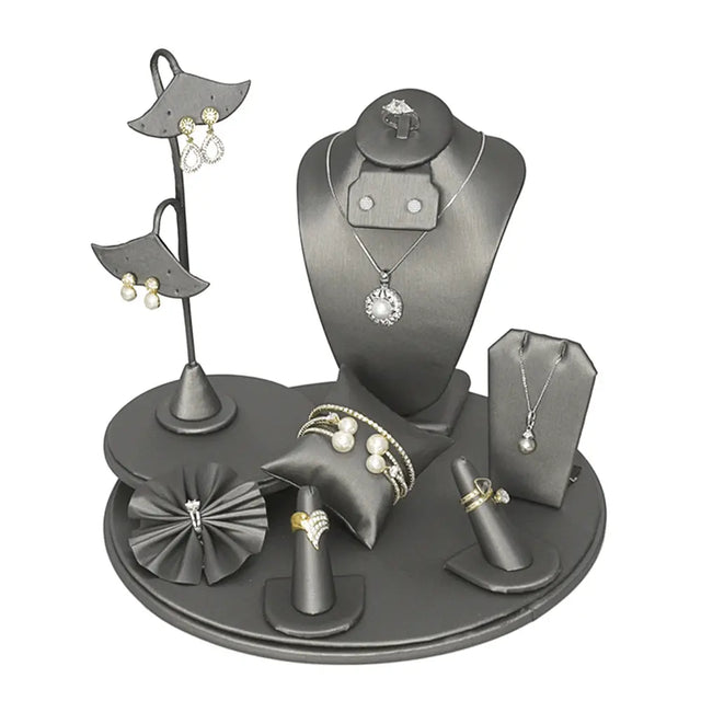 9 Piece Steel Grey Leatherette Jewelry Display Set