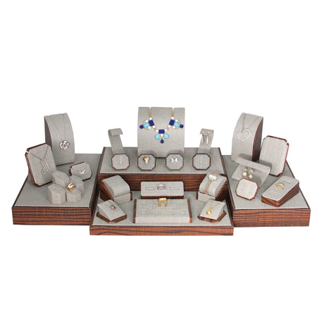 29-Piece Grey Linen W/ Wood Trim Jewelry Display Set 