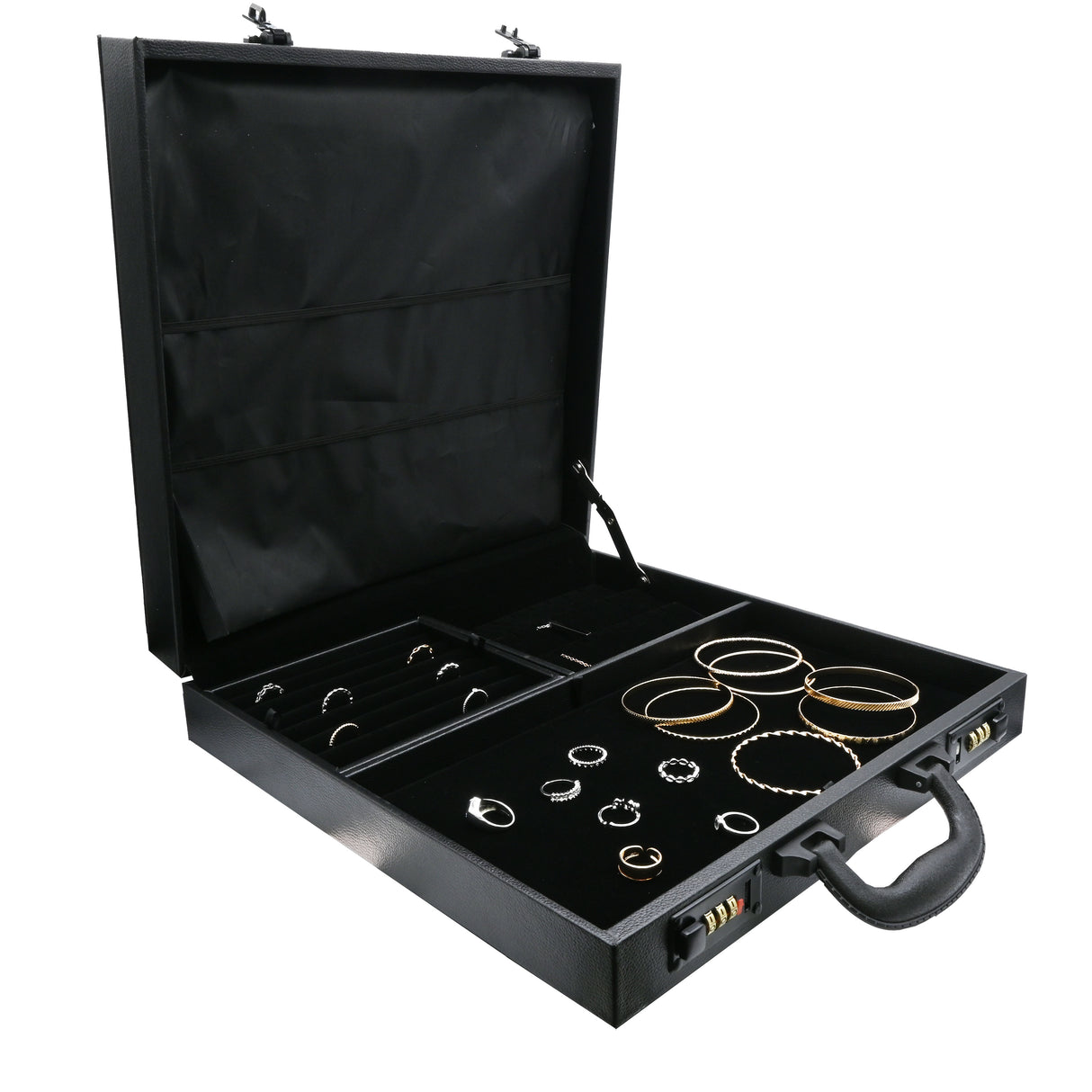 Black Leatherette Jewelry Attache Case with 14 Chain Snaps & Combination Locks