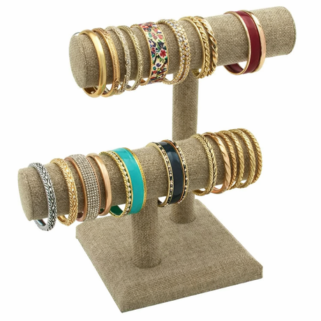 Brown Burlap Offset Dual Bracelet Watch T-Bar Display Stand - 8.25" Tall