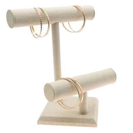 Beige Linen 2 Tier Jewelry T Bar Display Stand, 10-7/8" Tall
