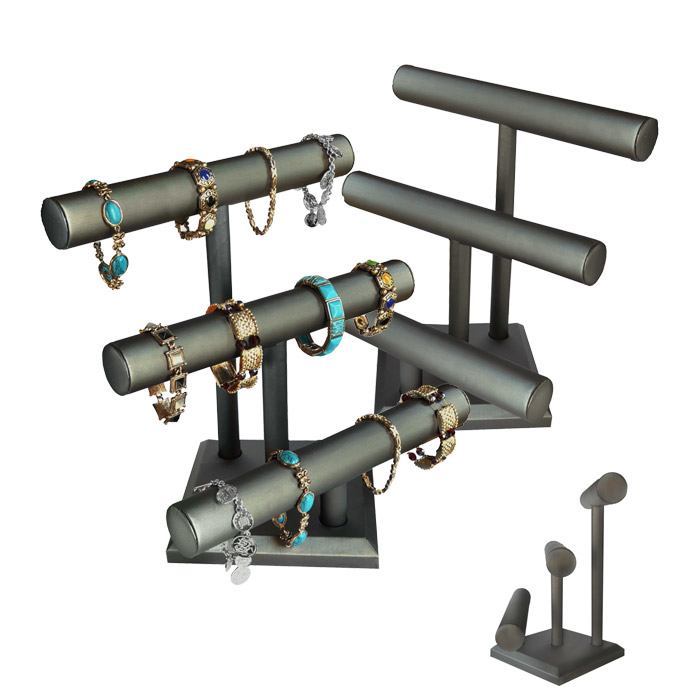 Steel Grey Leatherette 3 Tier Jewelry T-Bar Display Stand