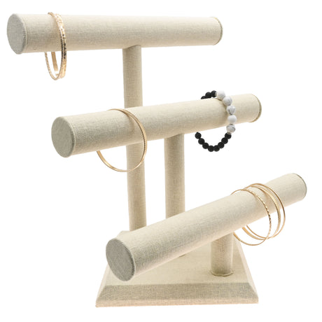 Beige Linen 3 Tier Jewelry T-Bar Display Stand, 12-3/4" Tall