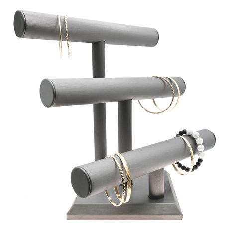 3-Tier Steel Grey Leatherette Jewelry T-Bar Bracelet Display Stand