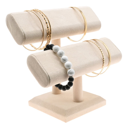 Beige Faux Suede Dual Oval Jewelry T-Bar Display Stand