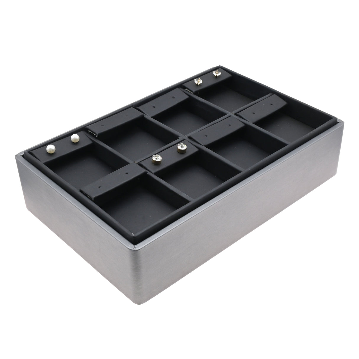 8-Compartment Steel Grey & Black Leatherette Earring Display Tray