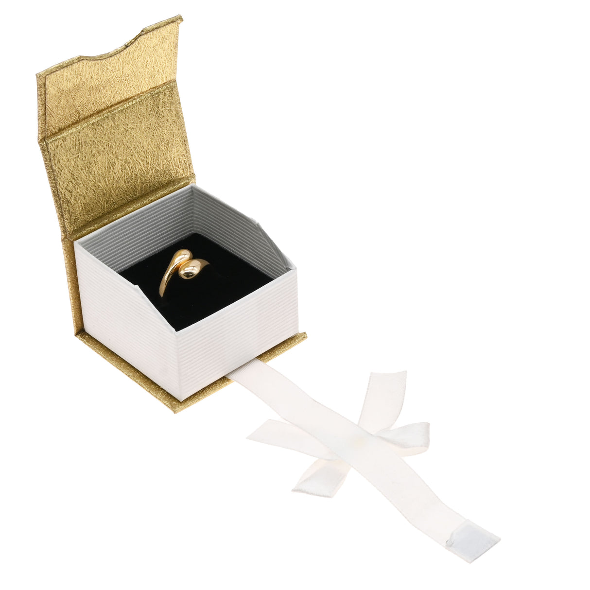 Gold and White Magnetic Ribbon Jewelry Ring Boxes