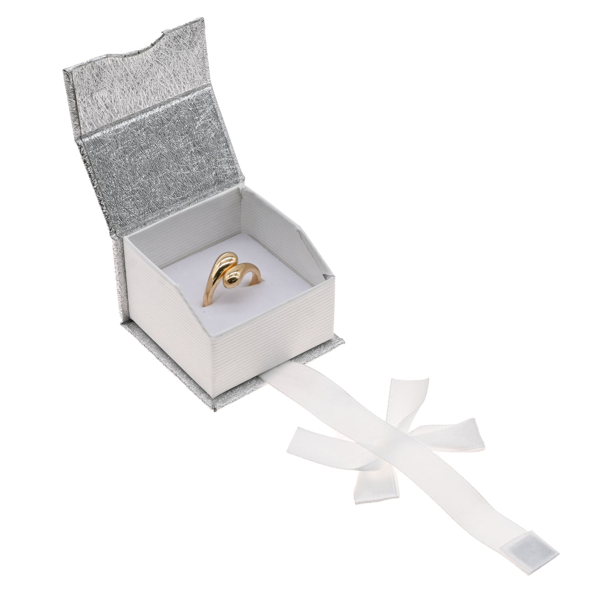 Silver and White Magnetic Ribbon Jewelry Ring Gift Boxes