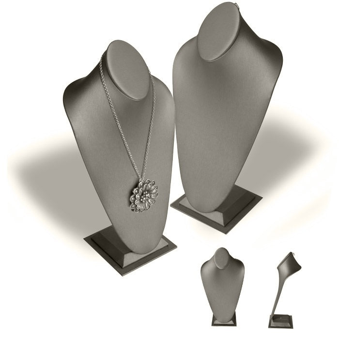 Steel Grey Leatherette Jewelry Necklace Display Bust, 14-1/2" Tall