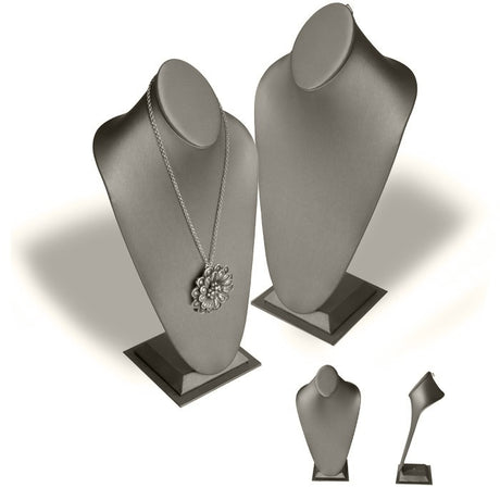 Steel Grey Leatherette Jewelry Necklace Display Bust, 14-1/2" Tall