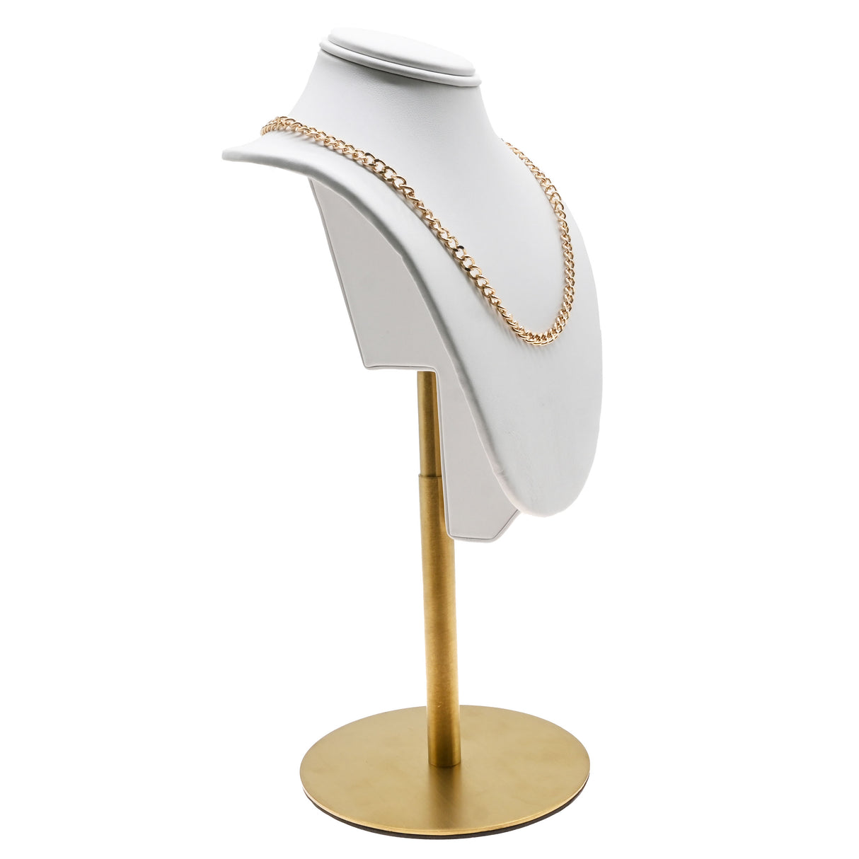 White Leatherette Necklace Bust With Adjustable Gold Metal Base - 13" ~ 16" Tall