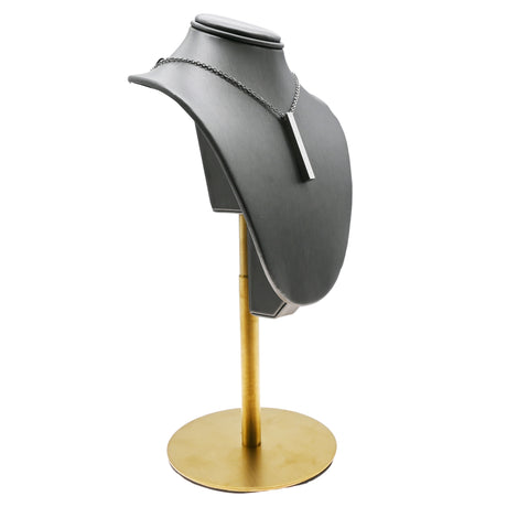 Steel Grey Leatherette Necklace Bust With Adjustable Gold Metal Base - 11" ~ 14" Tall