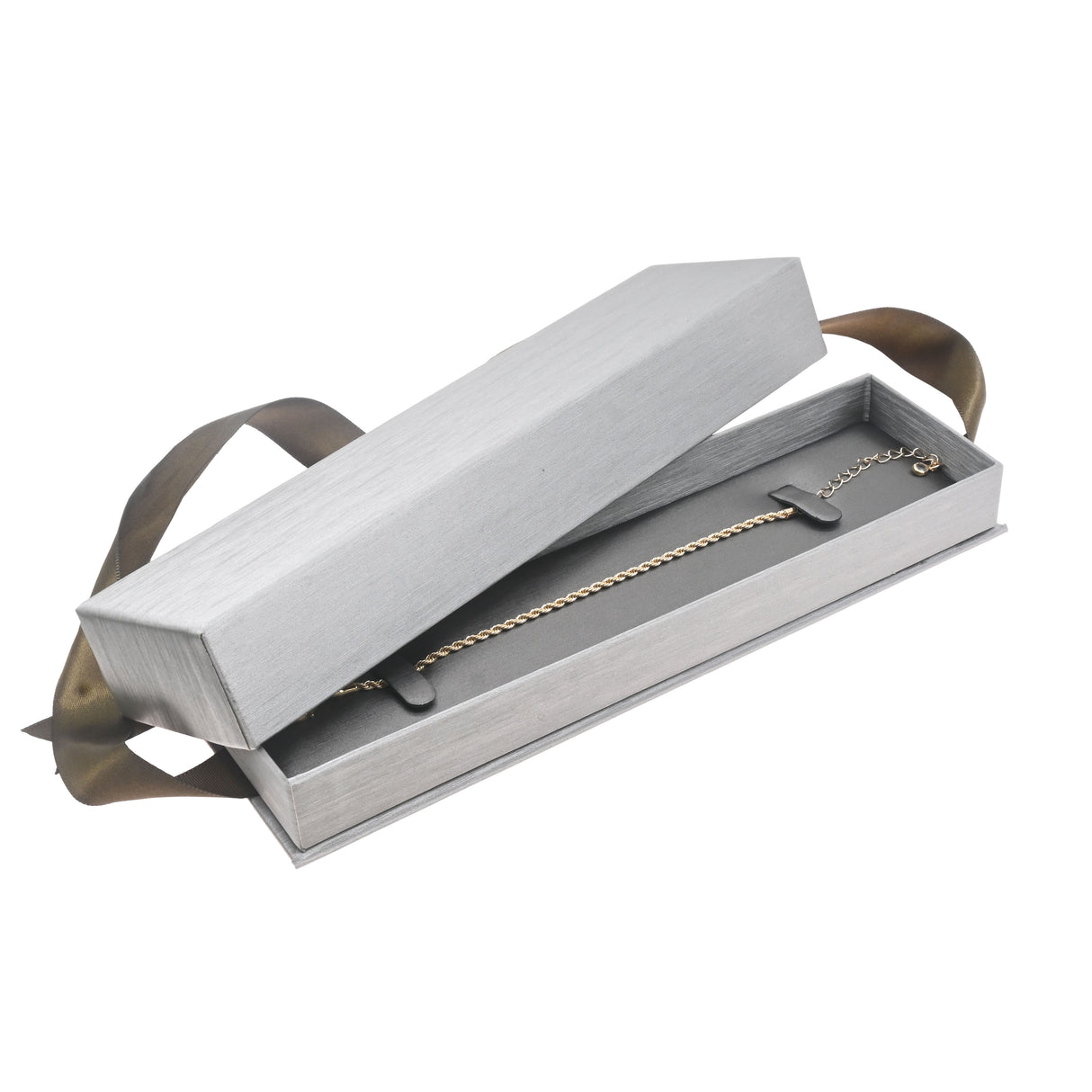 Steel Grey Leatherette Bracelet Boxes with Brown Bow Ribbon - Pack of 12