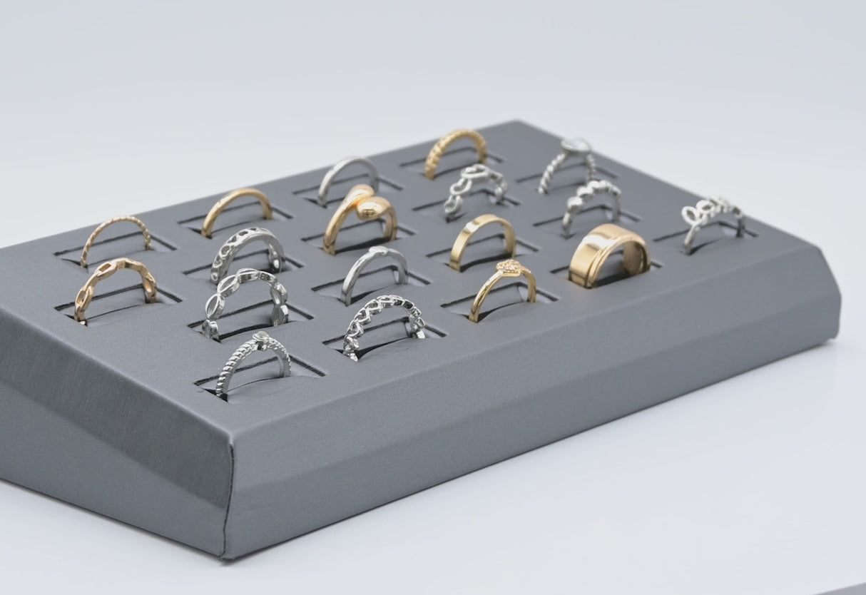 Steel Grey Leatherette 18-Slot Jewelry Ring Display Tray