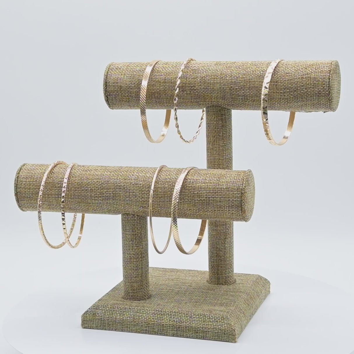 Brown Burlap Offset Dual Bracelet Watch T-Bar Display Stand - 8.25" Tall