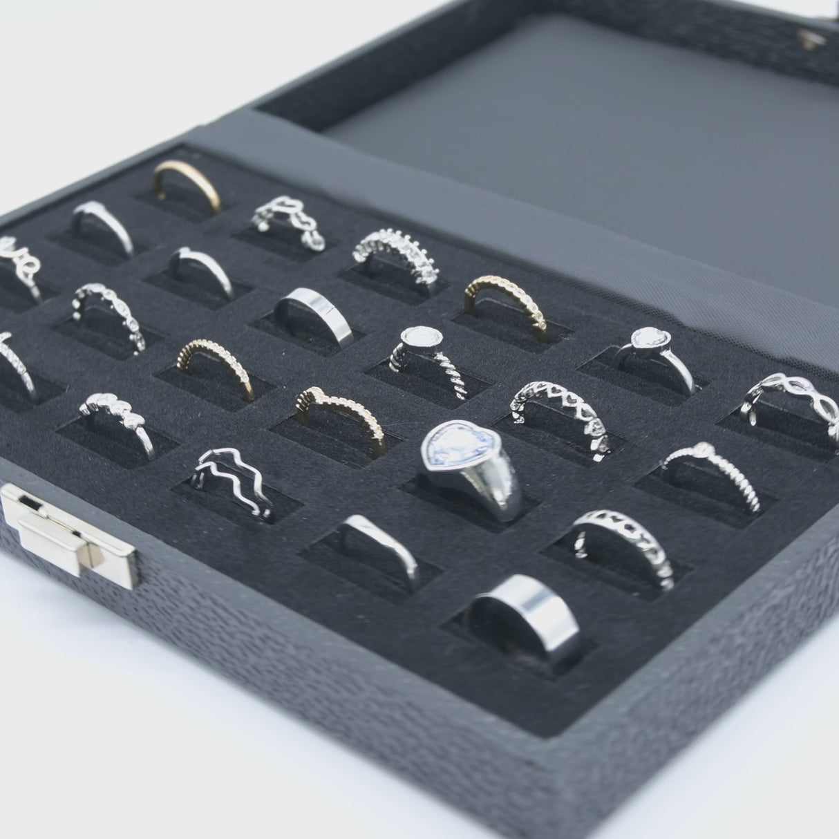 Black Leatherette Ring Travel Case - 24 Wide Slots