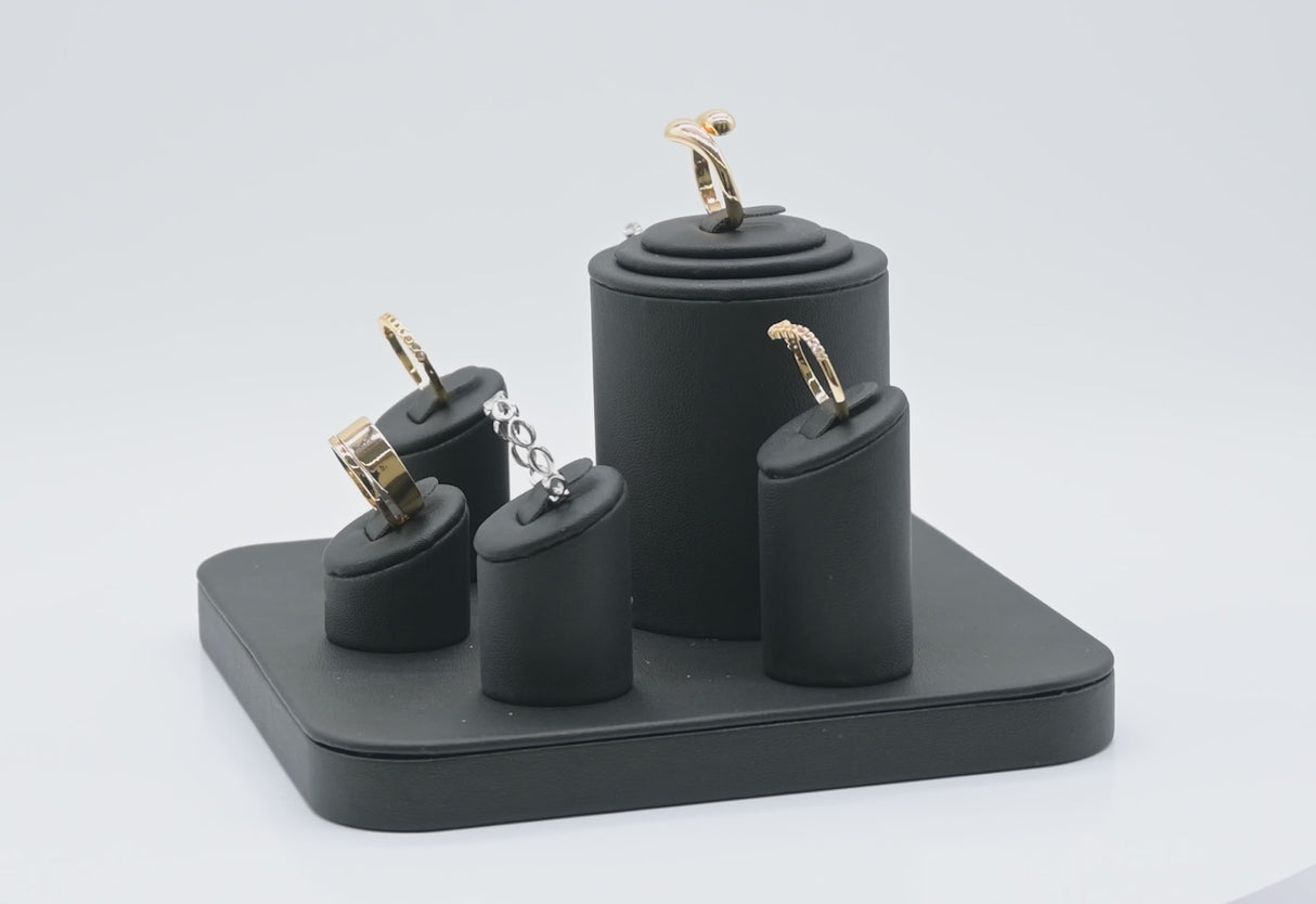 Black Leatherette Jewelry Ring Display, Holds 6 Rings