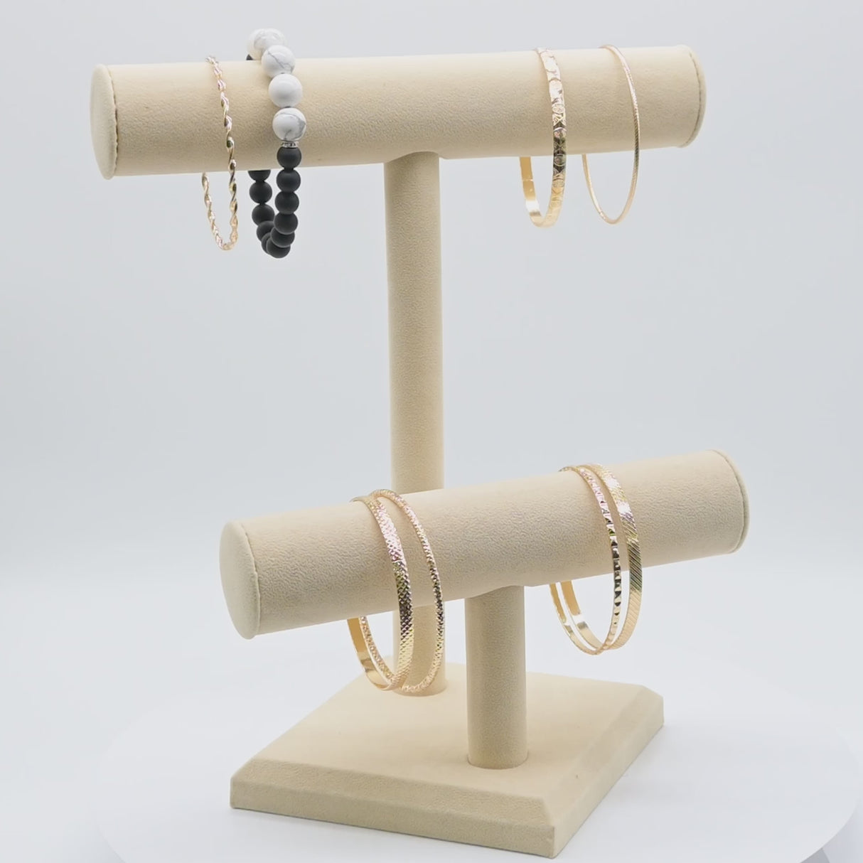 Beige Faux Suede 2-Tier T-Bar Jewelry Display - 9⅜" × 10⅞"