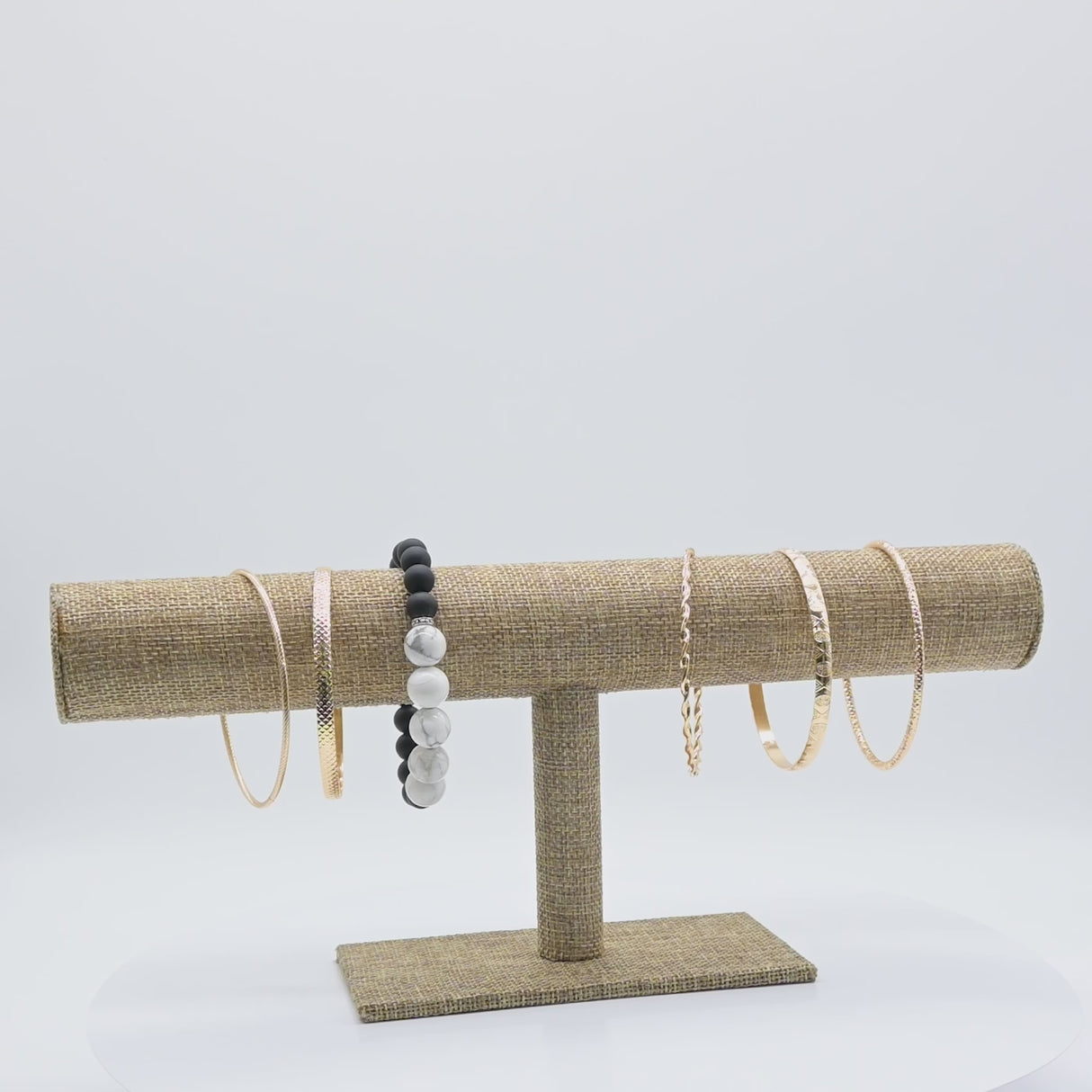 Long Brown Burlap Bracelet Watch T-Bar Display Stand - 12" Wide x 5" Tall