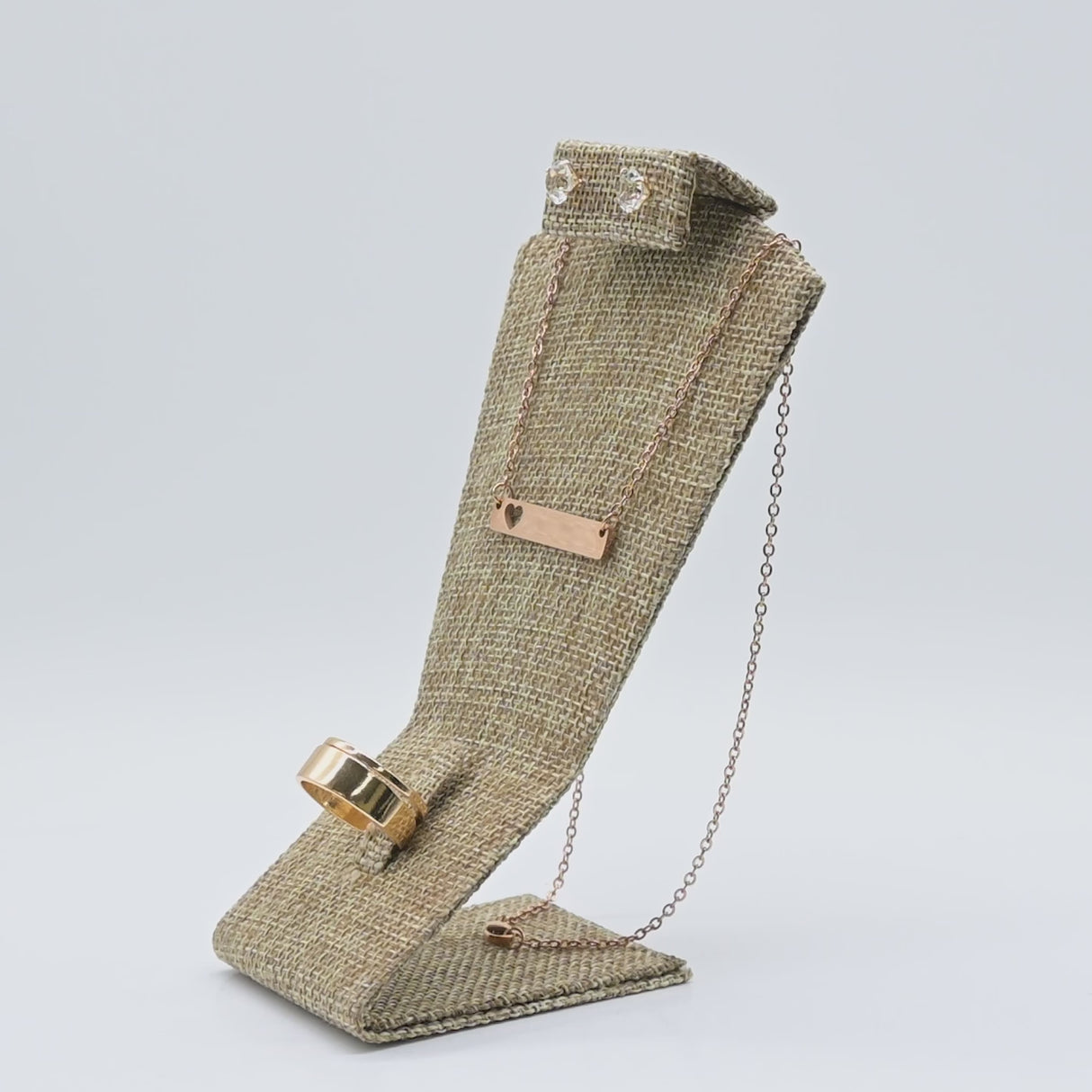 Brown Burlap Earring, Ring & Necklace Combo Display, 5-1/2" Tall