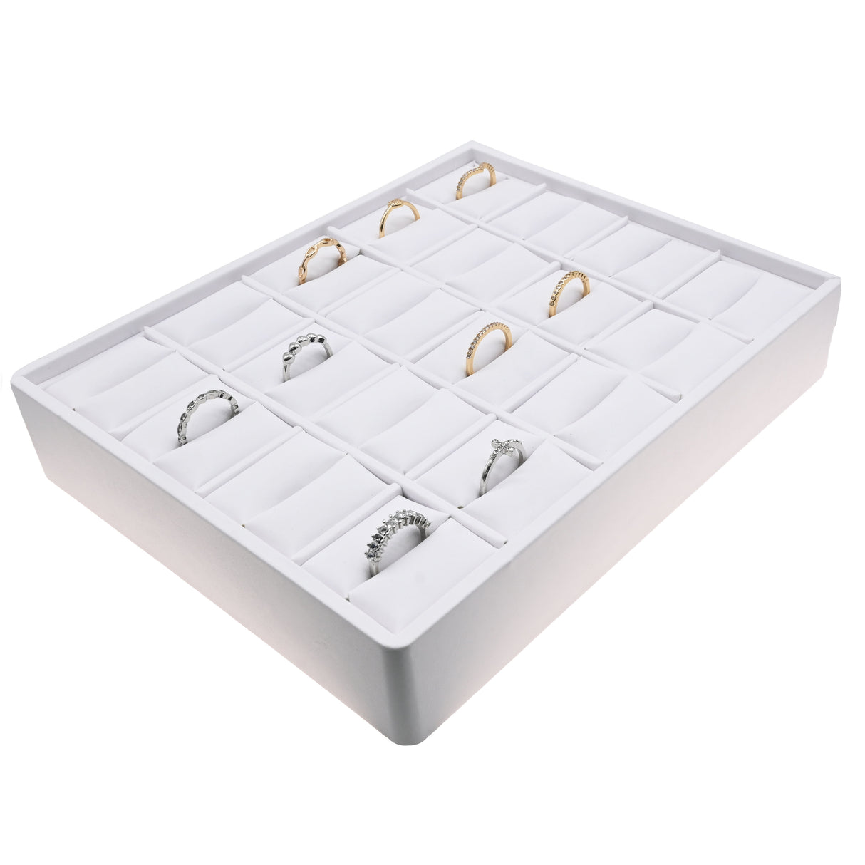 White Leatherette Jewelry Ring Display Tray, Holds 20 Rings