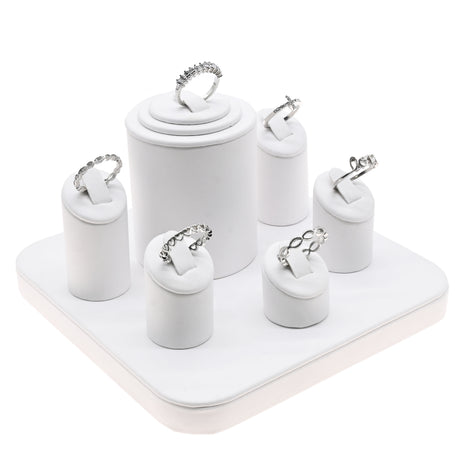 White Leatherette Jewelry Ring Display Stand, Holds 6 Rings