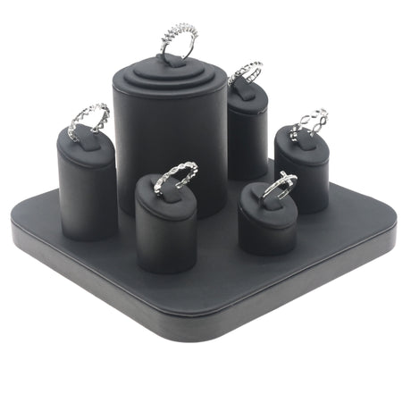 Black Leatherette Jewelry Ring Display, Holds 6 Rings